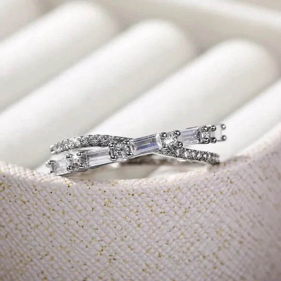 ▶Fashion Party Two Lines Cross CZ Anillos Trendy Silver Rings for Women, L231